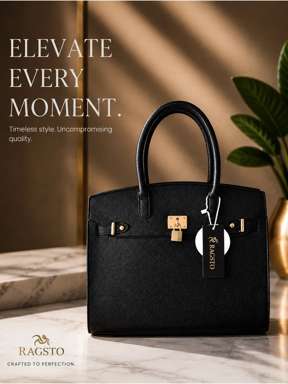 Black Leather Crossbody Tote with Gold Lock
